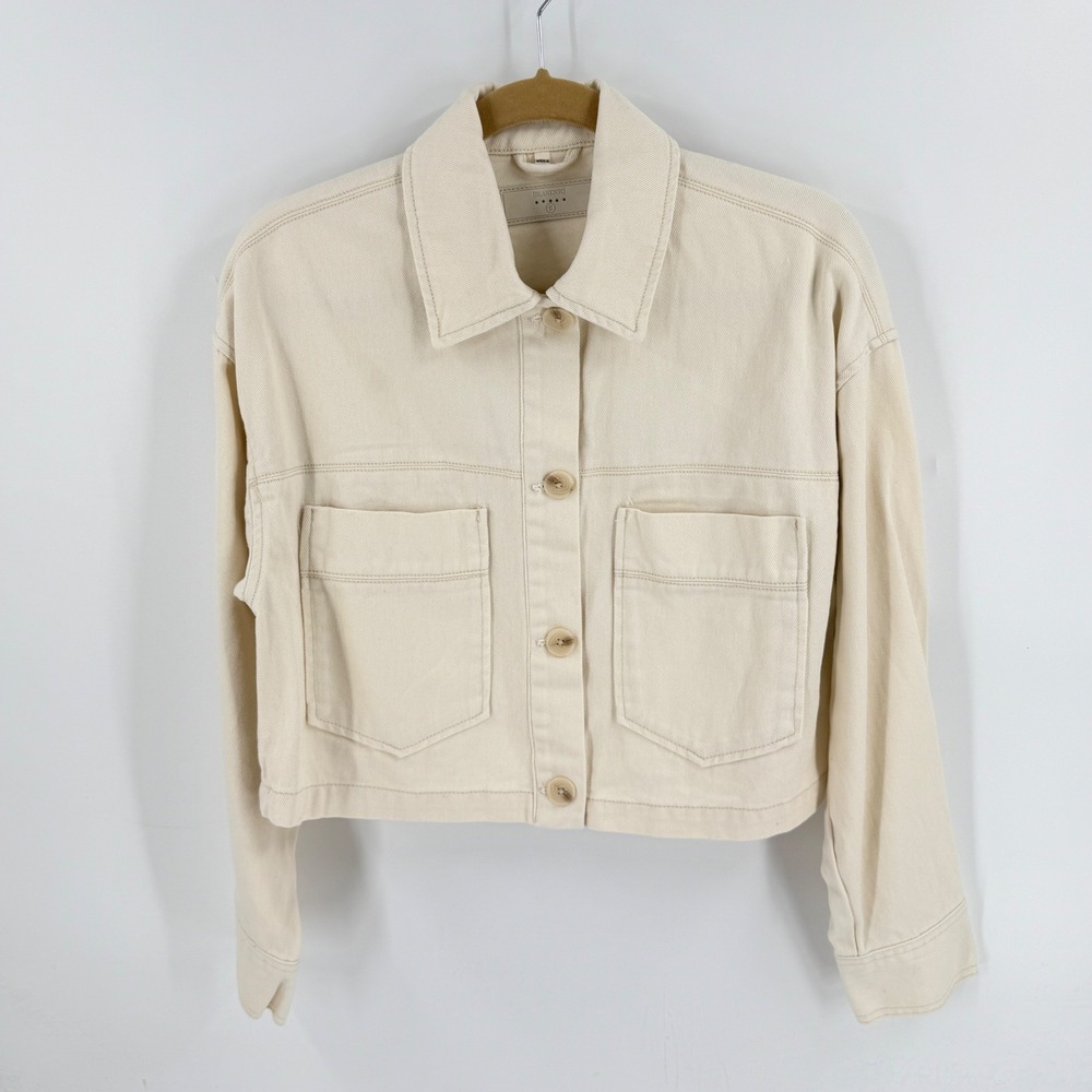 BLANKNYC Cropped Denim Trucker Jacket Ivory Small Neutral Utility Shacket Chic
